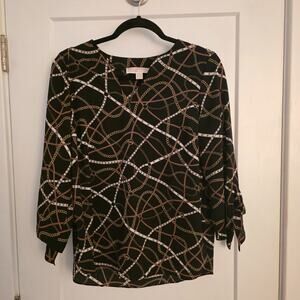 Michael Kors Top Size M Gold Chain Print Tie 3/4 Sleeve Equestrian Preppy Office